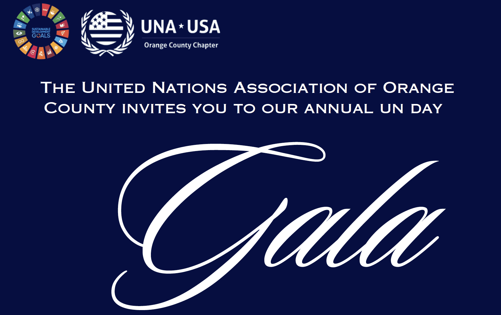 dark blue background, United Nation's Association of Orange County logo, Gala